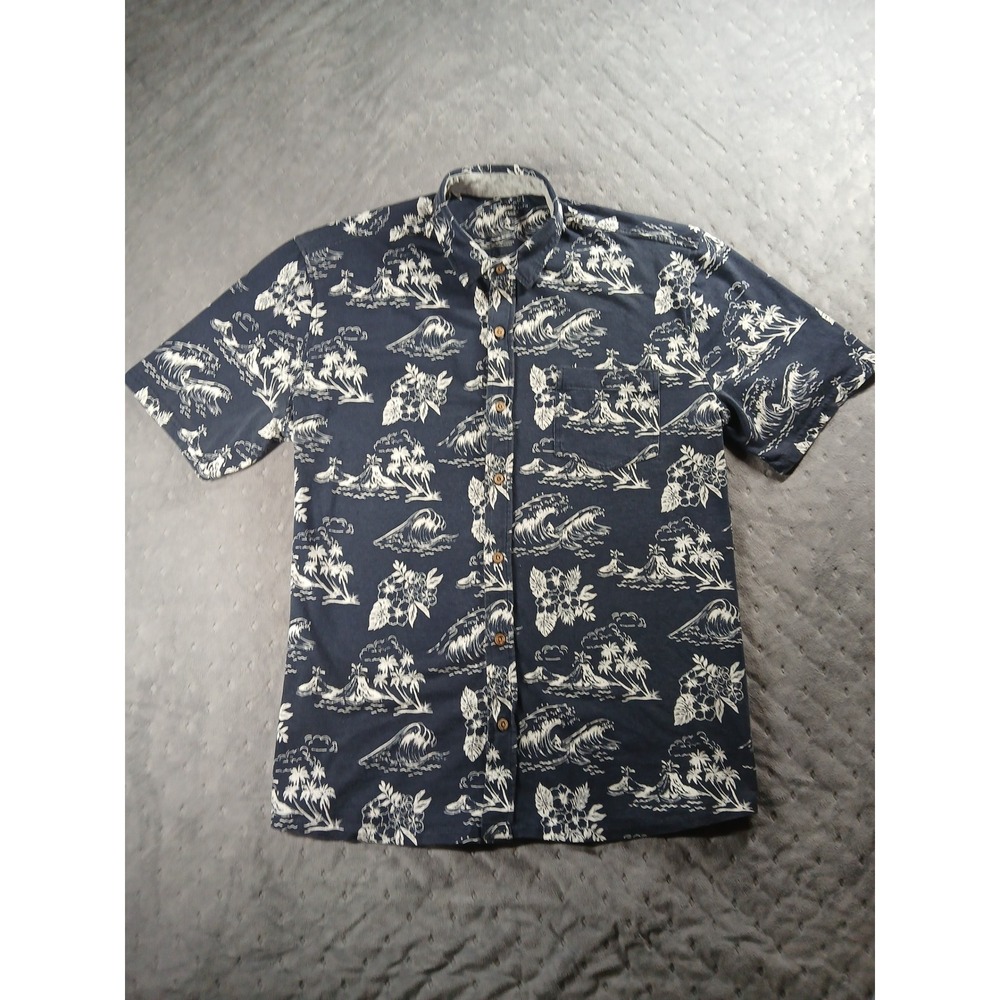 Tailor Vintage Mens XL Hawaiian Shirt Navy Blue Wave Palm Tree Volcano Print S/S - Picture 2 of 6